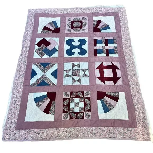 Vintage Handmade Quilt 66x52” Sampler Fan Pattern Purple Blue Coverlet Throw RV - Picture 1 of 16